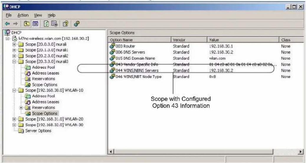 DHCP File Action View Help DHCP M7nc-wireless.wlan.com [192.168.30.2] Scope [20.0.0.0] murali Scope [20.1.0.0] murali1 Scope [20.2.0.0] murali2 Scope [20.3.0.0] murali3 Address Pool Address Leases Reservations Scope Options Scope [192.168.30.0] WVLAN-10 Address Pool Address Leases Reservations Scope Options Scope [192.168.31.0] WVLAN-20 Scope [192.168.32.0] WVLAN-30 Server Options Scope Options Option Name Vendor Value Class 003 Router Standard 192.168.30.1 None 006 DNS Servers Standard 192.168.30.2 None 015 DNS Domain Name Standard wlan.com None 043 Vendor Specific Info Standard 01-04-c0-s0-01-0s-01-04-c0-s0-02-0s... 044 WINS/NBNS Servers Standard 192.168.30.2 None 046 WINS/NBT Node Type Standard 0x8 None Scope with Configured Option 43 Information