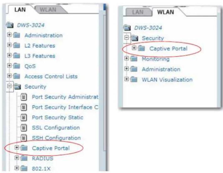 LAN WLAN DWS-3024 Administration L2 Features L3 Features QoS Access Control Lists Security Port Security Administrat Port Security Interface C Port Security Static SSL Configuration SSH Configuration Captive Portal RADIUS 802.1X LAN WLAN DWS-3024 Security Captive Portal Monitoring Administration WLAN Visualization