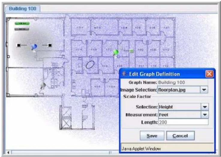 Building 100 Edit Graph Definition Graph Name: Building 100 Image Selection: floorplan.jpg Scale Factor Selection: Height Measurement: Feet Length: 200 Save Cancel Java Applet Window