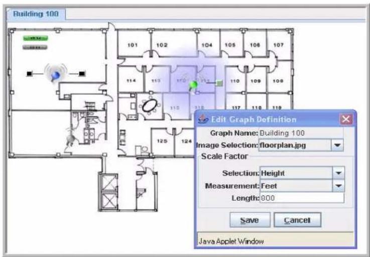 Building 100 Edit Graph Definition Graph Name: Building 100 Image Selection: floorplan.jpg Scale Factor Selection: Height Measurement: Feet Length: 800 Save Cancel Java Applet Window