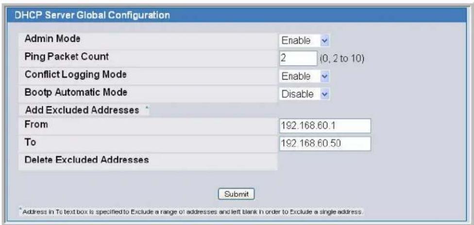 DHCP Server Global Configuration Admin Mode Enable Ping Packet Count 2 (0, 2 to 10) Conflict Logging Mode Enable Bootp Automatic Mode Disable Add Excluded Addresses From 192.168.60.1 To 192.168.60.50 Delete Excluded Addresses Submit *Address in To text box is specified to Exclude a range of addresses and left blank in order to Exclude a single address.