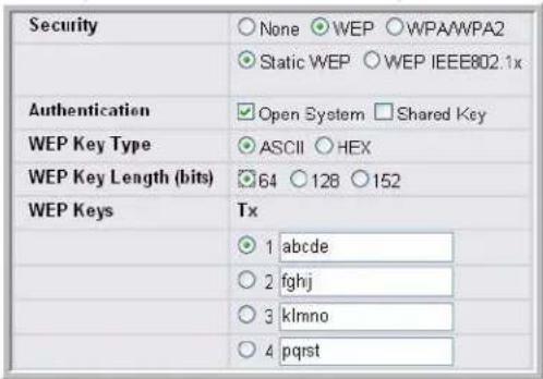 Security None ⬤ WEP ○WPA/WPA2 Static WEP ○WEP IEEE802.1x Authentication Open System Shared Key WEP Key Type ASCII ○HEX WEP Key Length (bits) 64 ○128 ○152 WEP Keys Tx ○ 1 abcde ○ 2 fghj ○ 3 klmno ○ 4 pqrst