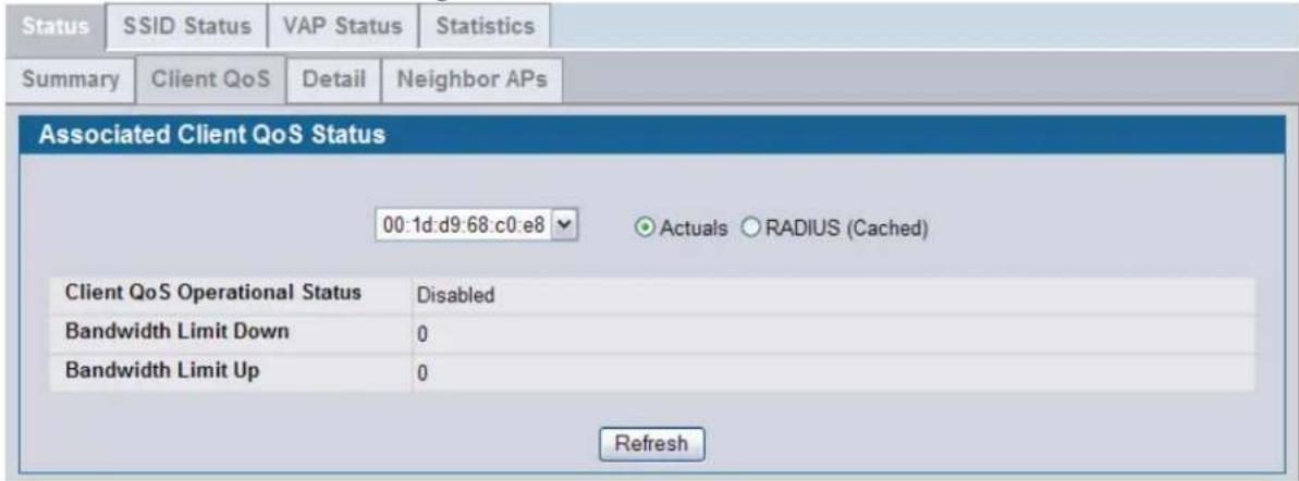 Status SSID Status VAP Status Statistics Summary Client QoS Detail Neighbor APs Associated Client QoS Status 00:1d:d9:68:c0:e8 Actuals RADIUS (Cached) Client QoS Operational Status Disabled Bandwidth Limit Down 0 Bandwidth Limit Up 0 Refresh
