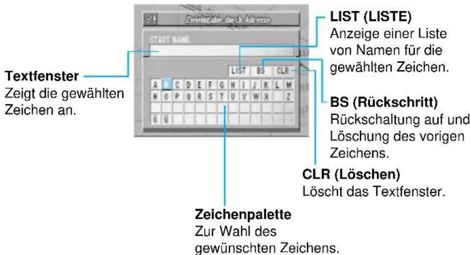 Textfenster Zeigt die gewählten Zeichen an. LIST (LISTE) Anzeige einer Liste von Namen für die gewählten Zeichen. BS (Rückschritt) Rückschaltung auf und Löschung des vorigen Zeichens. CLR (Löschen) Löscht das Textfenster. Zeichenpalette Zur Wahl des gewünschten Zeichens.