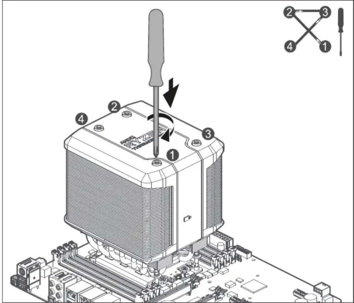 Technical diagram of a computer motherboard with numbered components and screwdriver insertion instructions