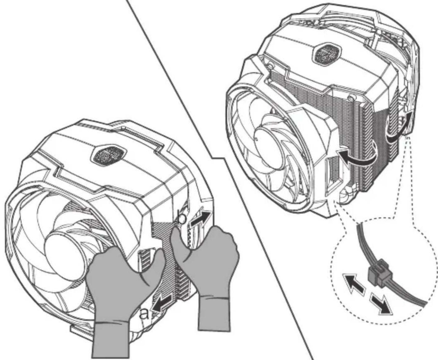 Technical diagram showing two views of a fan assembly with labeled parts and directional arrows indicating process steps.