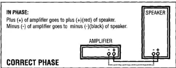 IN PHASE: Plus (+) of amplifier goes to plus (+)(red) of speaker. Minus (-) of amplifier goes to minus (-)(black) of speaker. AMPLIFIER SPEAKER CORRECT PHASE