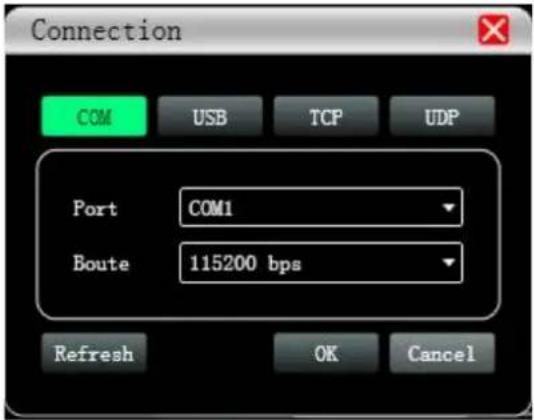 Connection COM USB TCP UDP Port COM1 Boute 115200 bps Refresh OK Cancel