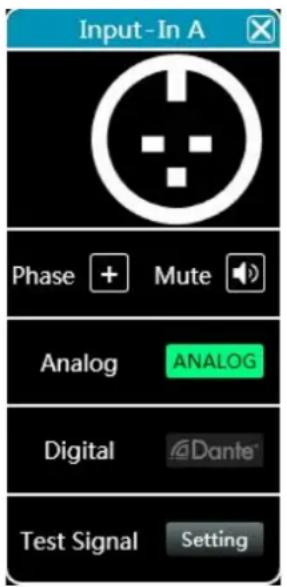 Input-In A Phase + Mute Analog ANALOG Digital Dante Test Signal Setting