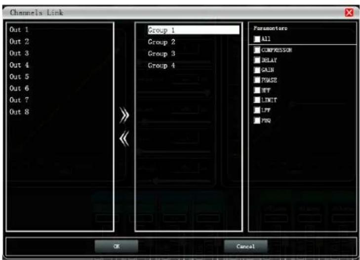 Channels Link Out 1 Group 1 Out 2 Group 2 Out 3 Group 3 Out 4 Group 4 Out 5 Out 6 Out 7 Out 8 Parameters All COMPRESSION DELAY GAIN PHASE WY LIMIT LFF PBQ OK Cancel