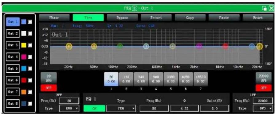 FEQ [E] - Out 1 Phase View Bypass Preset Copy Faste Reset Out 1 Out 2 Out 3 Out 4 Out 5 Out 6 Out 7 Out 8 +18 -12 -18 0dB -6 -12 -18 20Hz 50Hz 100Hz 200Hz 600Hz 1kHz 2kHz 6kHz 10kHz 20kHz +18 0° 0° 180° Out 1 20 346 0PF 1 2 3 4 5 6 7 23699 996 0PF LFF Freq (Hz) 20 EQ 1 Type Preq (Hz) Q Gain (dB) Type BW OK PEQ 50 4.32 0.0 Type BW