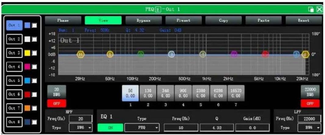 PEQ E - Out 1 Phase View Bypass Preset Copy Paste React +18 -6 0dB -12 -10 20Hz 50Hz 100Hz 200Hz 500Hz 1kHz 2kHz 5kHz 10kHz 20kHz Out 1 Out 2 Out 3 Out 4 Out 5 Out 6 Out 7 Out 8 180° 0° 100° 20 BW6 50 0.00 130 0.00 340 0.00 900 0.00 2380 0.00 6280 0.00 16570 22000 BW6 OFF 1 2 3 4 5 6 7 LFP Freq (Hz) 20 EQ 1 Type Freq (Hz) Q Gain (dB) Type BW6 ON PEQ 50 4.32 0.0 LPF Freq (Hz) 22000 Type BW6