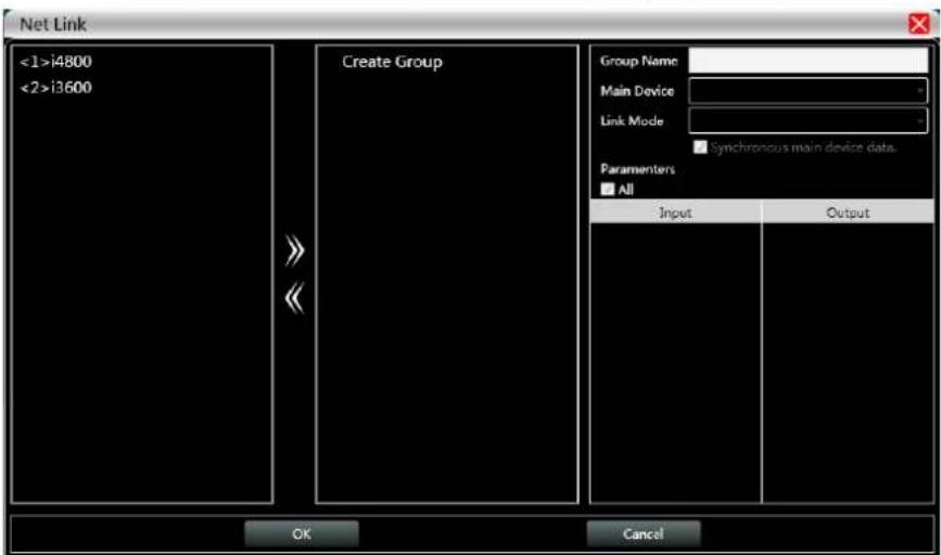 Net Link <1>i4800 <2>i3600 Create Group Group Name Main Device Link Mode synchronous main device data. Parameters All Input Output OK Cancel