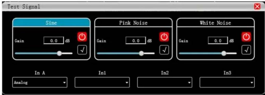 Test Signal Sine Gain 0.0 dB ✓ Pink Noise Gain 0.0 dB ✓ White Noise Gain 0.0 dB ✓ In A Analog In1 In2 In3