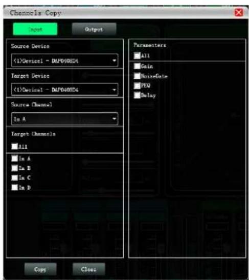 Channels Copy Input Output Source Device <1>Device1 - DAP0408D4 Target Device <1>Device1 - DAP0408D4 Source Channel In A Target Channels All In A In B In C In D Parameters All Gain NoiseGate PEN Delay Copy Close