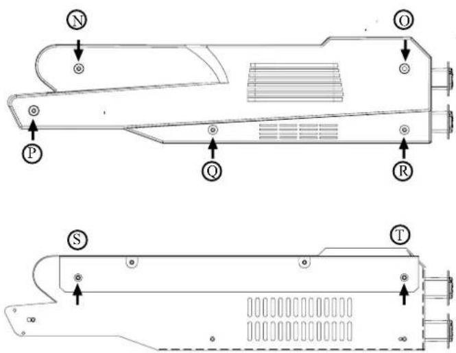 Technical diagram of a device rear panel with labeled components (N, P, Q, R, S, T) and directional arrows indicating assembly or assembly.
