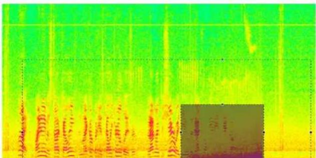 Scanned text with green-to-yellow gradient background, partially obscured by a small inset image of a black rectangle.