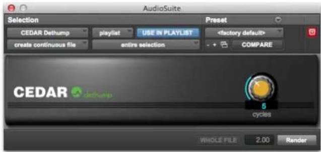 AudioSuite Selection CEDAR Dethump playlist USE IN PLAYLIST create continuous file entire selection Preset COMPARE CEDAR 5 cycles WHOLE FILE 2.00 Render