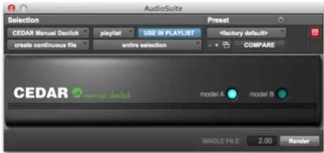 AudioSuite Selection CEDAR Manual Declick playlist USE IN PLAYLIST create continuous file entire selection Preset COMPARE CEDAR model A model B WHOLE FILE 2.00 Render
