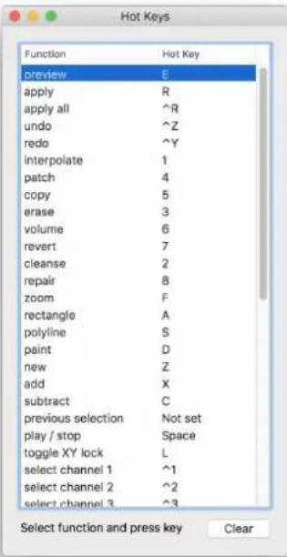 Hot Keys Function Hot Key preview E apply R apply all ^R undo ^Z redo ^Y interpolate 1 patch 4 copy 5 erase 3 volume 6 revert 7 cleanse 2 repair 8 zoom F rectangle A polyline S paint D new Z add X subtract C previous selection Not set play / stop Space toggle XY lock L select channel 1 ^1 select channel 2 ^2 select channel 3 ^3 Select function and press key Clear