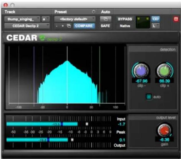 Track thump_singing_ CEDAR Declip 2 Preset COMPARE SAFE Auto BYPASS Native L CEDAR exp2 detection -67.96 clip - 66.39 clip + auto Input -1.7 Peak 0.1 Output output level -6.36 gain