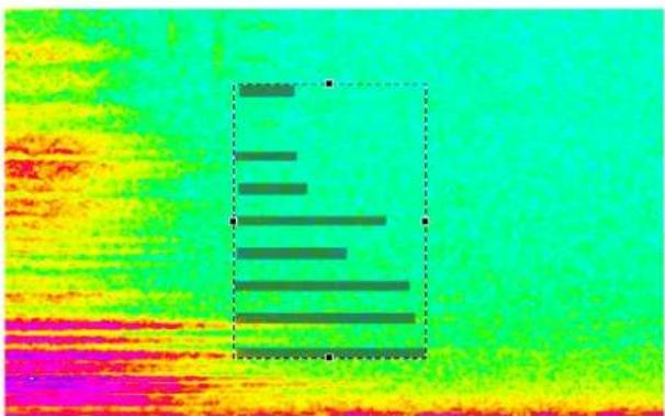 Thermal or heat map image with a highlighted rectangular box containing horizontal green lines, possibly indicating temperature or pressure measurement.