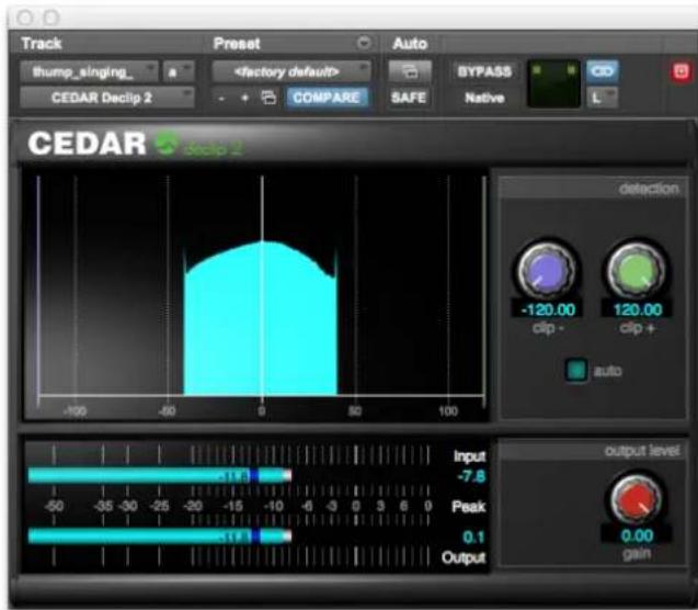 Track Preset Auto thump_singing_ BYPASS CEDAR CEDAR COMPARE SAFE Native L -120.00 clip+ 120.00 clip+ auto CEDAR skip 2 detecion Input -7.8 Peak 0.1 Output output level gain