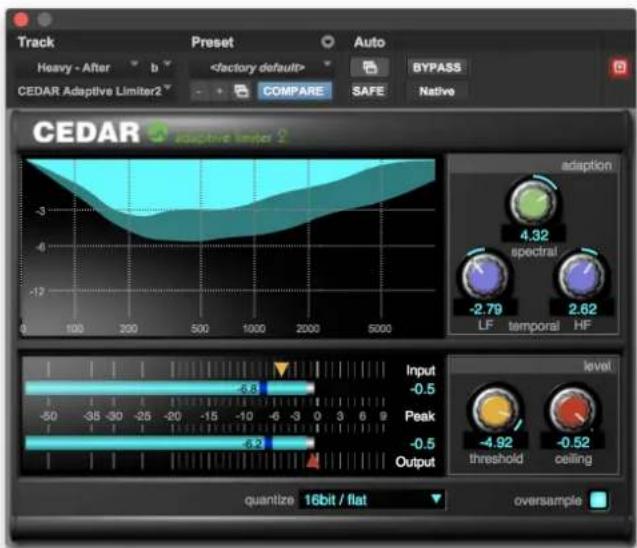 Track Preset Auto Heavy - After b BYPASS CEDAR Adaptive Limiter2 COMPARE SAFE Native CEDAR adaptive limiter 2 adaption 4.32 spectral -2.79 LF temporal HF Input -0.5 Peak -0.5 Output level -4.92 threshold -0.52 ceiling quantize 16bit / flat oversample