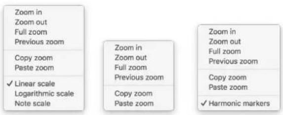 Zoom in Zoom out Full zoom Previous zoom Copy zoom Paste zoom ✓ Linear scale Logarithmic scale Note scale Zoom in Zoom out Full zoom Previous zoom Copy zoom Paste zoom ✓ Harmonic markers