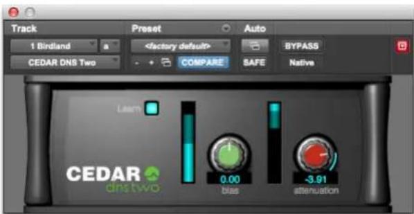 Track 1 Birdland CEDAR DNS Two Preset COMPARE Auto SAFE BYPASS Native Learn 0.00 bias -3.91 CEDAR dns TWO attenuation