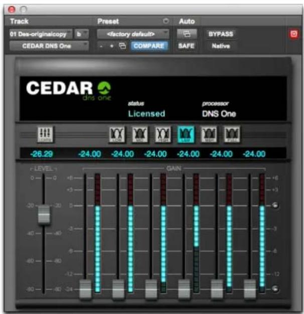 Track 01 Des-originalcopy CEDAR DNS One Preset factory default > COMPARE Auto BYPASS SAFE Native CEDAR dns one status Licensed processor DNS One -26.29 -24.00 -24.00 -24.00 -24.00 -24.00 -24.00 LEVEL 1 GAIN -6 +3 -3 -3 -3 -3 -3 -3 -3 -3 -3 -3 -3 -3 -3 -3 -3 -3