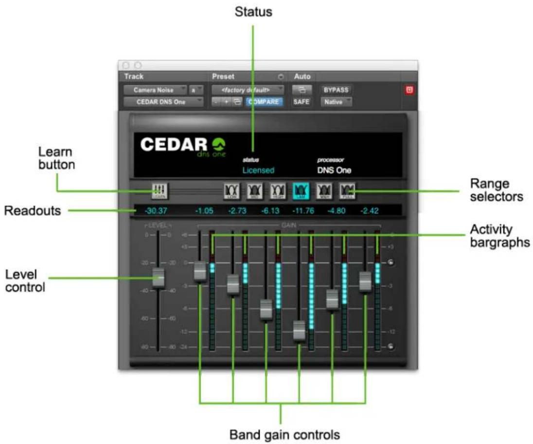 Track Preset Auto Camera Noise BYPASS SAFE Native CEDAR DNS One COMPARE Status Learn button status processor DNS One Readouts -30.37 -1.05 -2.73 -6.13 -11.76 -4.80 -2.42 Level control Gain Range selectors Activity bargraphs Band gain controls