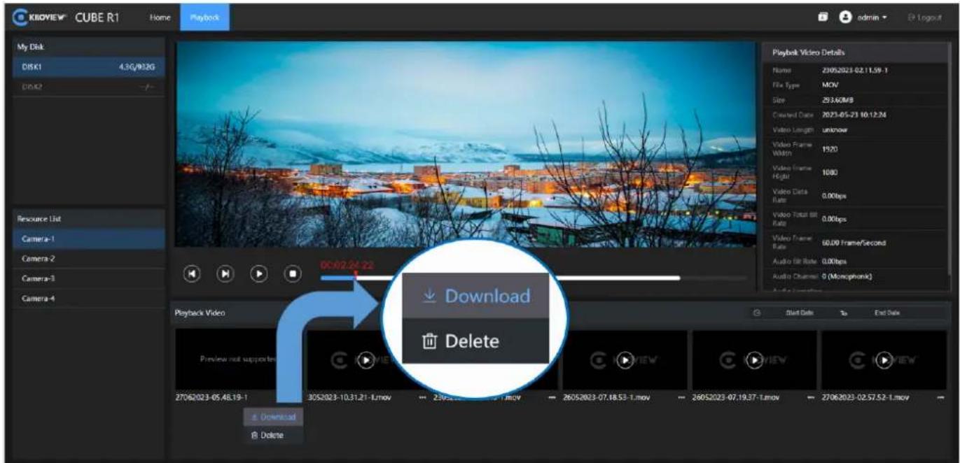 KIBOVIEW CUBE R1 Home Playback My Disk DISK1 4.3G/932G DISK2 Resource List Camera-1 Camera-2 Camera-3 Camera-4 00:02:24:22 Download Delete Playback Video Preview not supported 2706/023-05.48.19-1 305/2023-10.31.21-1.mov 2.50x 2.50x 2.50x 2.50x 2.50x 2.50x 2.50x 2.50x 2.50x 2.50x 2.50x 2.50x 2.50x 2.50x 2.50x 2.50x 2.50x 2.5 Download Delete admin Playback Video Details Name: 23052023-02.11.59-1 File Type: MOV Size: 293.60MB Created Date: 2023-05-23 10:12:34 Video Length: unknown Video Frame Width: 1920 Video Frame Height: 1080 Video Data Rate: 0.00bps Video Total Bit Rate: 0.00bps Video Trainer Rate: 60.00 Frame/Second Audio Bit Rate: 0.00bps Audio Channel: 6 (Monophonic) Start Date % End Date