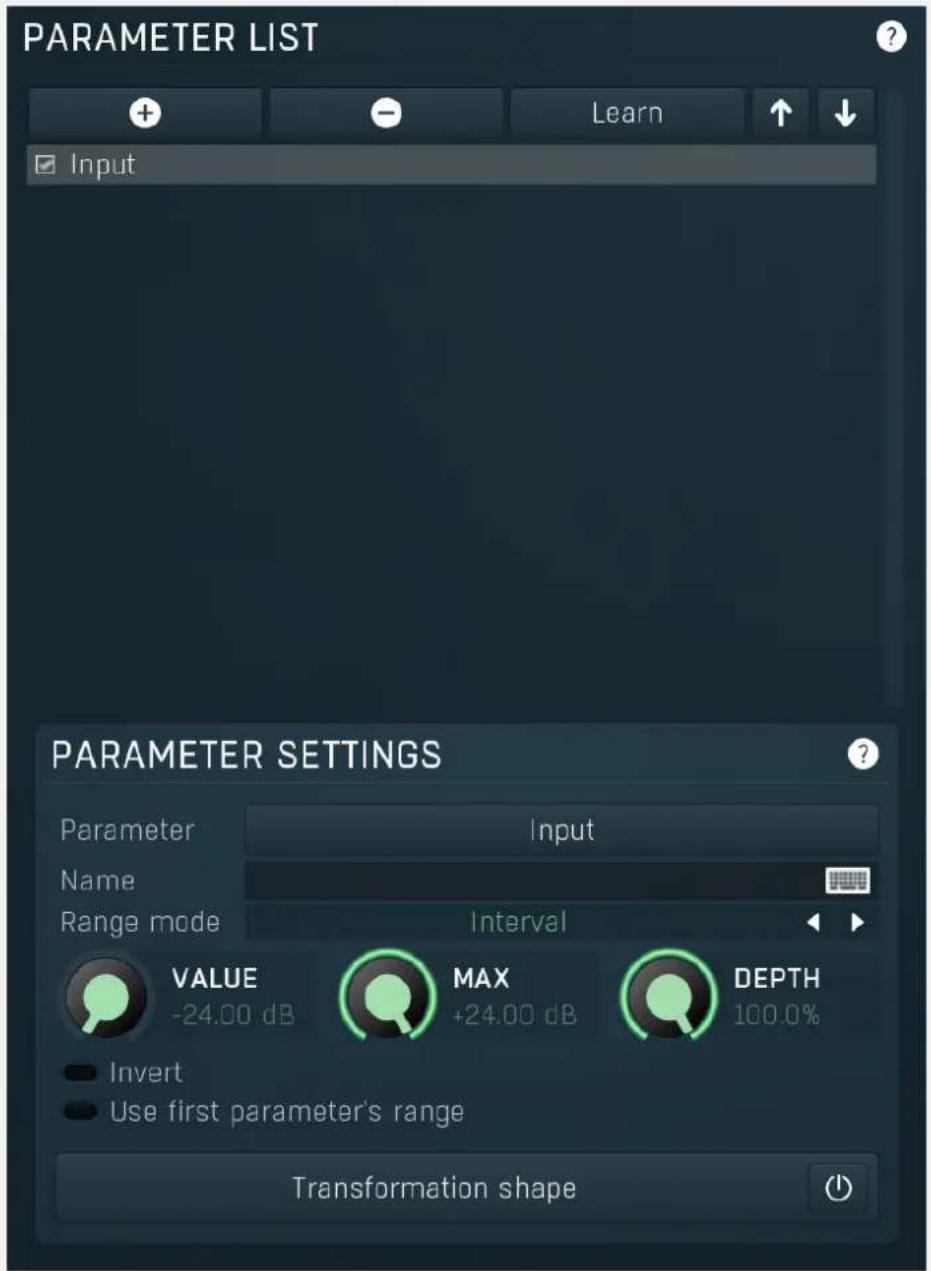 PARAMETER LIST Input Learn PARAMETER SETTINGS Parameter Input Name Range mode Interval VALUE MAX DEPTH -24.00 dB +24.00 dB 100.0% Invert Use first parameter's range Transformation shape