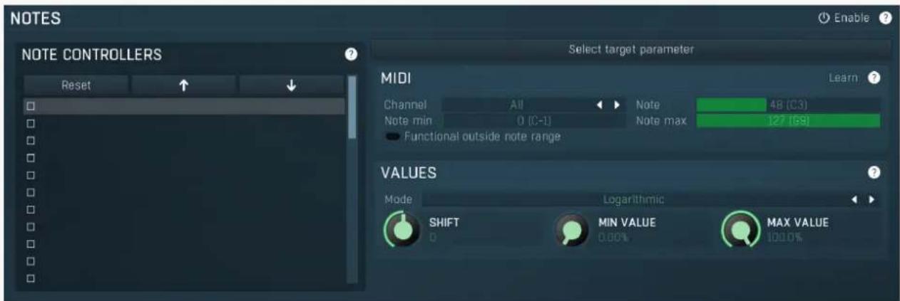 NOTES Enable ? NOTE CONTROLLERS Reset Select target parameter MIDI Learn ? Channel All Note 48 (C3) Note min 0 (C-1) Note max 127 (59) Functional outside note range VALUES Mode Logarithmic SHIFT MIN VALUE MAX VALUE 0 0.00% 100.0%