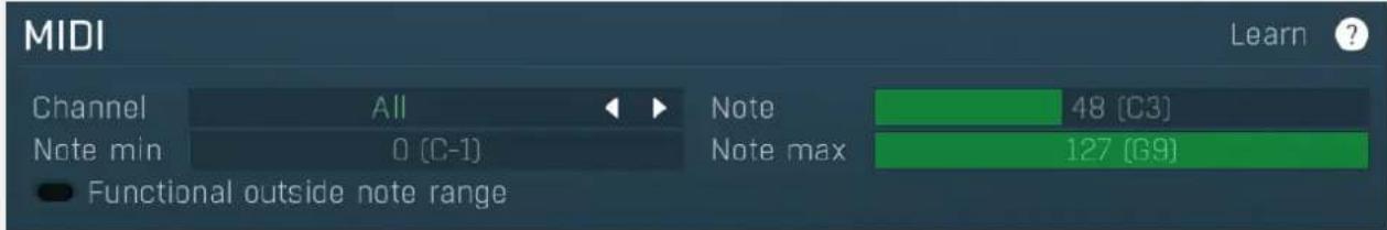 MIDI Learn ? Channel All Note 48 [C3] Note min 0 (C-1) Note max 127 [G9] Functional outside note range