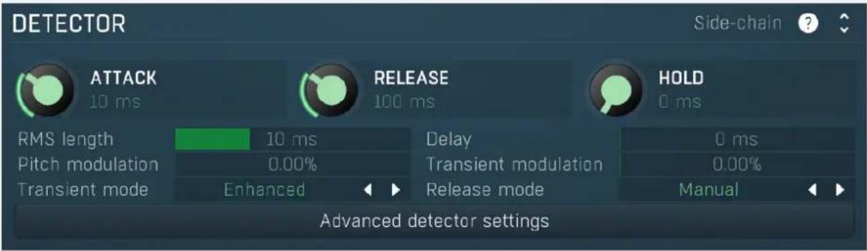 DETECTOR Side-chain ? ATTACK 10 ms RELEASE 100 ms HOLD 0 ms RMS length Pitch modulation Transient mode 10 ms 0.00% Enhanced Delay Transient modulation Release mode 0 ms 0.00% Manual Advanced detector settings