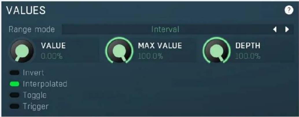 VALUES Range mode Interval VALUE MAX VALUE DEPTH 0.00% 100.0% Invert Interpolated Toggle Trigger