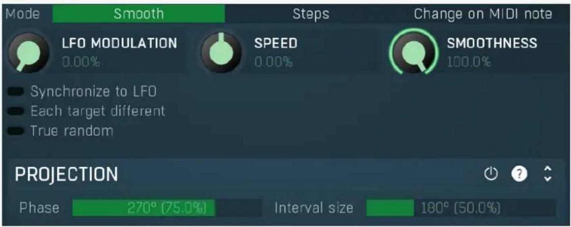 Mode Smooth Steps Change on MIDI note LFO MODULATION 0.00% SPEED 0.00% SMOOTHNESS 100.0% Synchronize to LFO Each target different True random PROJECTION Phase 270° (75.0%) Interval size 180° (50.0%)