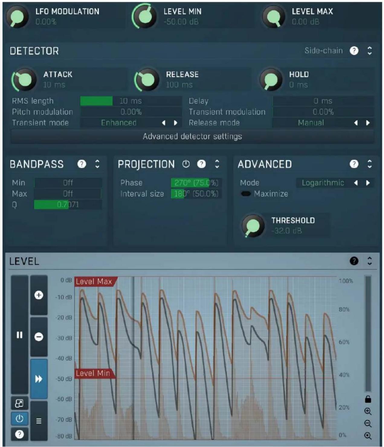 LFO MODULATION 0.00% LEVEL MIN -50.00 dB LEVEL MAX 0.00 dB DETECTOR Side-chain ? ATTACK 10 ms RELEASE 100 ms HOLD 0 ms RMS length 10 ms Delay 0 ms Pitch modulation 0.00% Transient mode Enhanced Transient modulation 0.00% Release mode Manual Advanced detector settings BANDPASS ? Min Off Max Off Q 0.7071 PROJECTION Phase 270° (75.0%) Interval size 180° (50.0%) ADVANCED Mode Logarithmic Maximize THRESHOLD -32.0 dB LEVEL Level Max Level Min