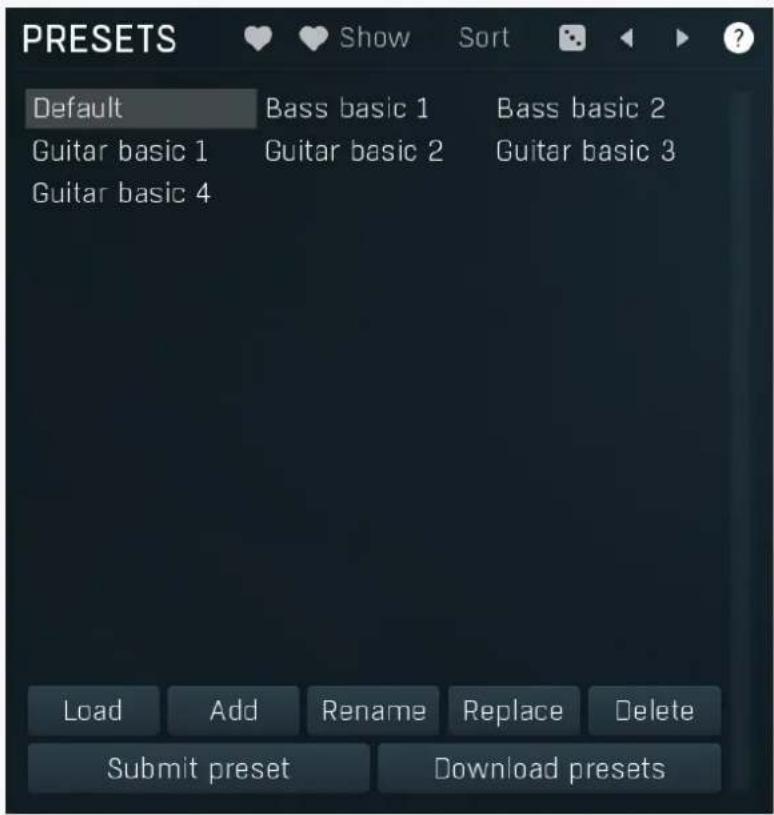 PRESETS Default Guitar basic 1 Guitar basic 4 Bass basic 1 Guitar basic 2 Bass basic 2 Guitar basic 3 Load Add Rename Replace Delete Submit preset Download presets