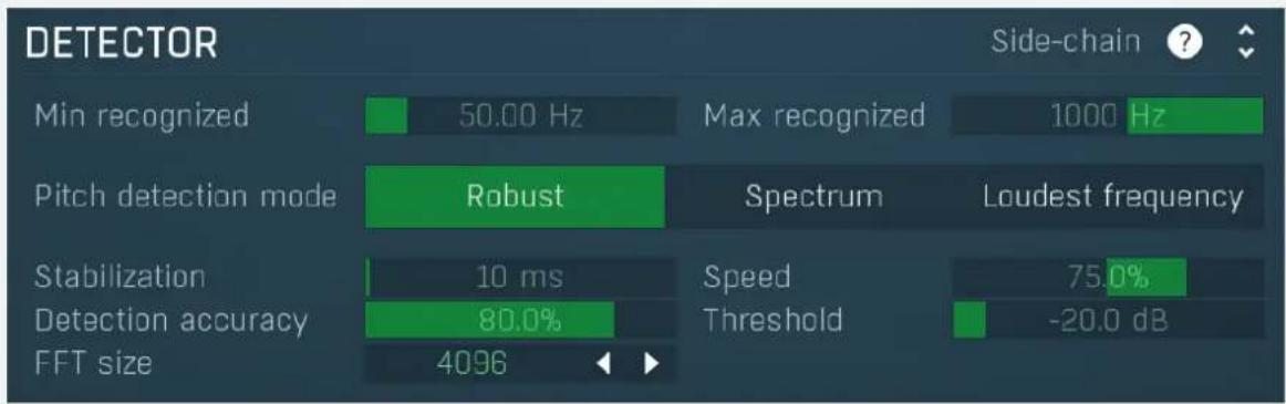 DETECTOR Min recognized 50.00 Hz Max recognized 1000 Hz Pitch detection mode Robust Spectrum Loudest frequency Stabilization 10 ms Speed 75.0% Detection accuracy 80.0% Threshold -20.0 dB FFT size 4096