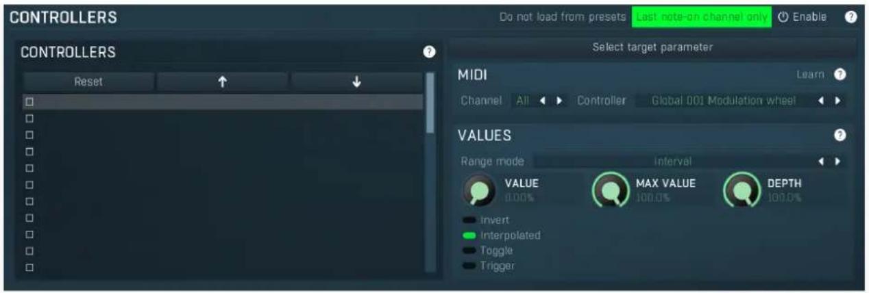 CONTROLLERS Do not load from presets Last note-on channel only Enable CONTROLLERS Reset Select target parameter MIDI Learn Channel All Controller Global 001 Modulation wheel VALUES Range mode interval VALUE MAX VALUE DEPTH 0.00% 100.0% invert Interpolated Toggle Trigger
