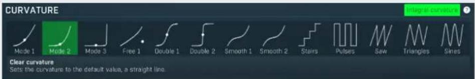 CURVATURE Mode 1 Mode 2 Mode 3 Free 1 Double 1 Double 2 Smooth 1 Smooth 2 Stairs Pulses Saw Triangles Sines Clear curvature Sets the curvature to the default value, a straight line Integral curvature