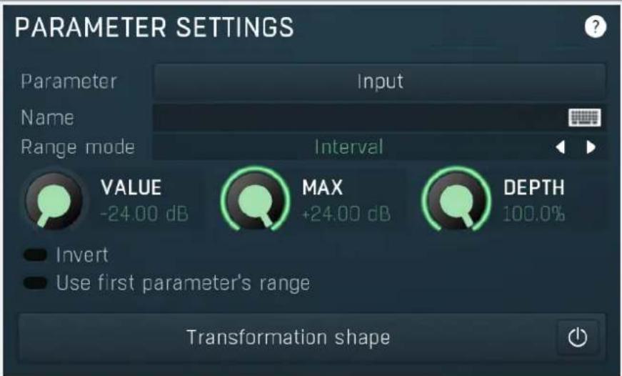 PARAMETER SETTINGS Parameter Input Name Range mode Interval VALUE MAX DEPTH -24.00 dB +24.00 dB 100.0% Invert Use first parameter's range Transformation shape