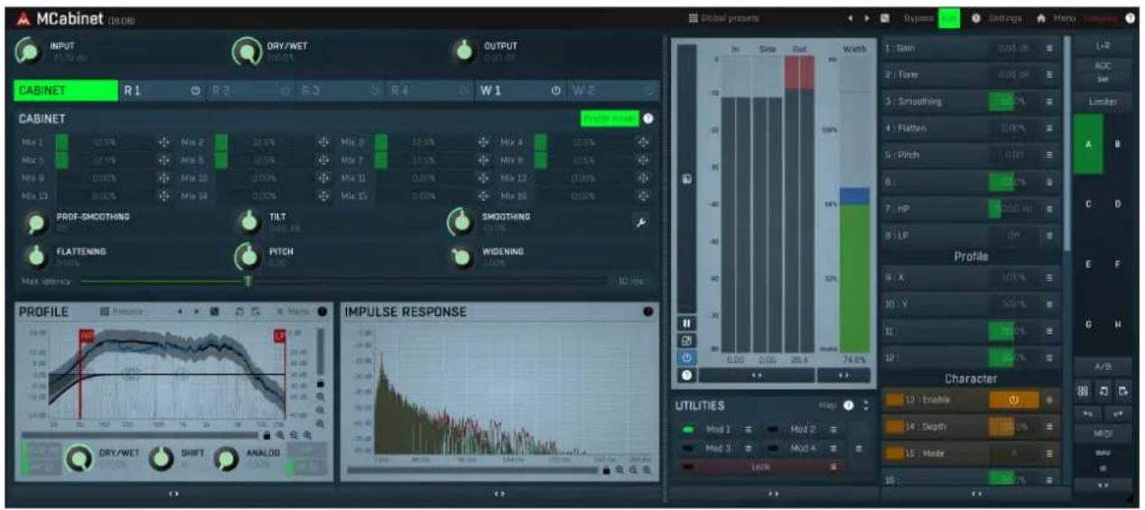 MCabinet (08.08) INPUT DRY/WET OUTPUT CABINET R1 R2 R3 R4 W1 W2 CABINET Mix 1 Mix 2 Mix 3 Mix 4 Mix 5 Mix 6 Mix 7 Mix 8 Mix 9 Mix 10 Mix 11 Mix 12 Mix 13 Mix 14 Mix 15 Mix 16 PROF-SMOOTHING TILT SMOOTHING FLATTENING PITCH WIDENING Max latency 10 ms PROFILE Impulse Response DRY/WET SHIFT ANALOG Global presents In Side Out Width 1: Rain 0.00% 2: Tone 0.00% 3: Smoothing 0.00% 4: Flatten 0.00% 5: Pitch 0.00% 6: FP 0.00% 7: HP 0.00% 8: LP 0.00% Profile 9: X 50.0% 10: Y 50.0% 11: 50.0% 12: 50.0% Character 13: Enable 14: Depth 15: Made 16: 50.0%