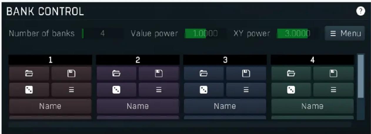BANK CONTROL Number of banks 4 Value power 1.0000 XY power 3.0000 ≡ Menu 1 2 3 4 Name Name Name Name