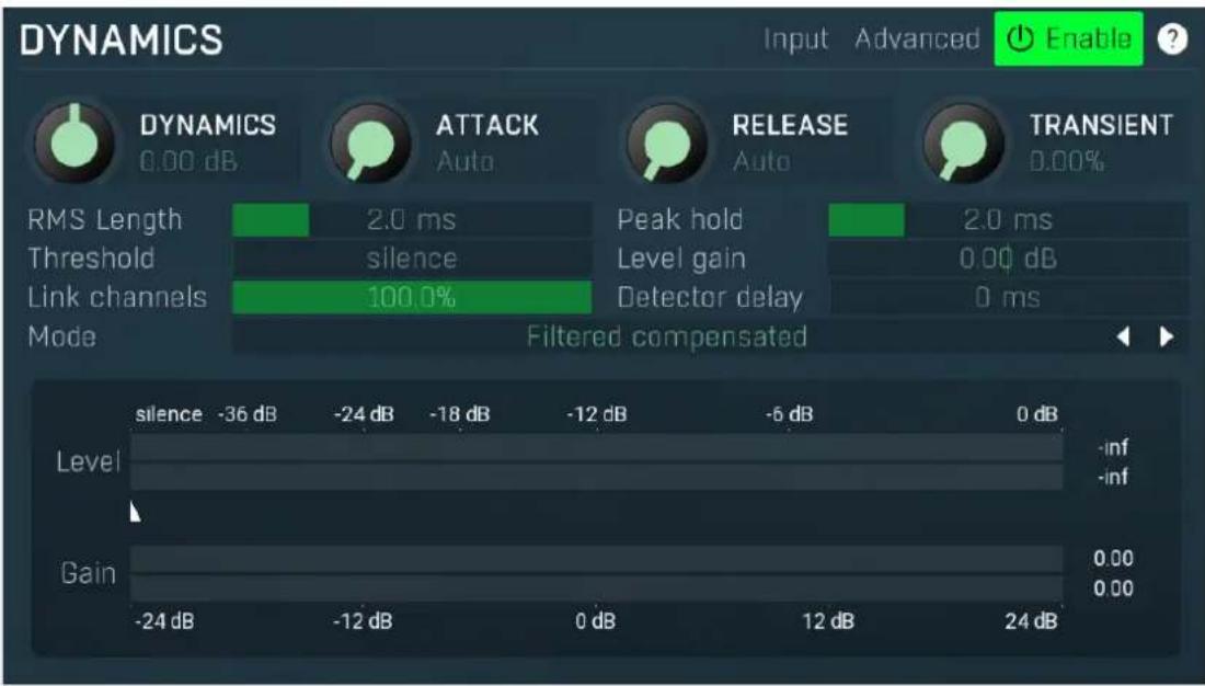 DYNAMICS Input Advanced Enable ? DYNAMICS 0.00 dB ATTACK Auto RELEASE Auto TRANSIENT 0.00% RMS Length 2.0 ms Peak hold 2.0 ms Threshold silence Level gain 0.00 dB Link channels 100.0% Detector delay 0 ms Mode Filtered compensated silence -36 dB -24 dB -18 dB -12 dB -6 dB 0 dB Level -inf -inf Gain 0.00 0.00 -24 dB -12 dB 0 dB 12 dB 24 dB