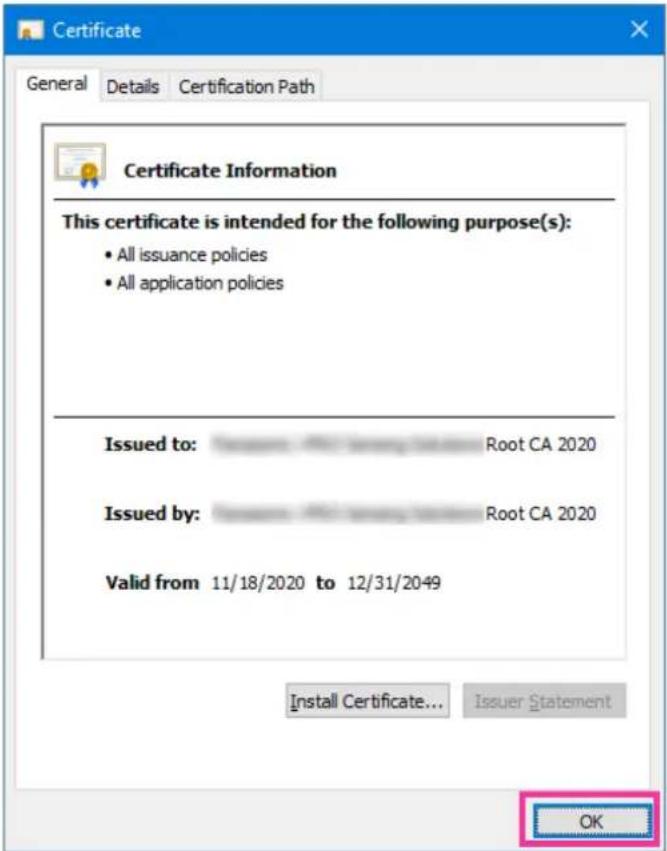 Certificate Information This certificate is intended for the following purpose(s): • All issuance policies • All application policies Issued to: Root CA 2020 Issued by: Root CA 2020 Valid from 11/18/2020 to 12/31/2049 Install Certificate... Issuer Statement OK