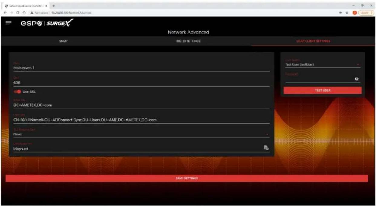 Default Serial Devices (RDS857) Test Server: 10.214.36.19C Network Advanced ESPO | SURGEX Network Advanced SNMP 802.1X SETTINGS LDAP CLIENT SETTINGS Test Server Test User (testUser) Protocol: TEST USER Test Server-1 Test 636 Use SSL DC=AMETEK.DC=com Use CN CN-%FullName%OU-ADConnect SyncOU-Users,OU-AME.DC-AMETEK.DC-com TLL ReqingCard Never SendApp Inc. ldaps.crt SAVE SETTINGS